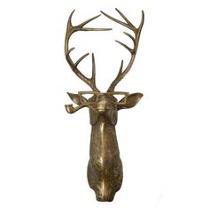 a metal deer head with antlers on it's back end, against a white background