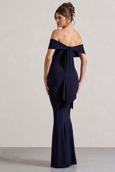 Cloe Navy Bardot Maxi Dress – Club L London - USA Blue Navy Dress Bridesmaid, Navy Blue Cocktail Dress Maxi, Navy Blue Dress Bridesmaids, Navy Blue Dress Long Sleeve For Wedding Guest, Brides Maid Dresses Navy Blue, Naval Blue Bridesmaids Dresses, Blue Dress For Wedding Guest Winter, Royal Navy Dress, Midnight Blue Dress Wedding