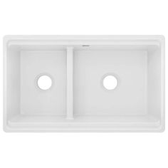 white double bowl kitchen sink with two holes on the front and side, viewed from above