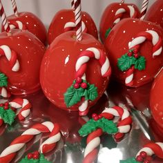 red apples with candy canes and holly on them are ready to be eaten for christmas