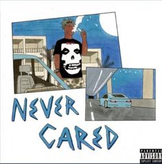 the album cover for never card is shown with an image of a car and a skull