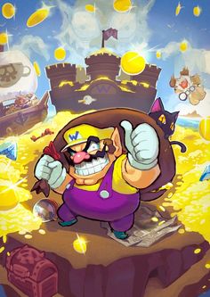 an image of a cartoon character in front of a castle with lots of gold coins