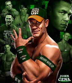 john cena with his arms crossed in front of him and the words never give up