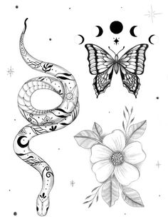 a drawing of a snake, flower and butterfly