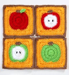 crocheted squares with apples and pumpkins on them are arranged in the shape of squares