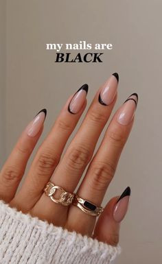 Wedding Nail Designs Bridesmaid, Cute Nail Designs For Homecoming, Nail Inspo With Black, Black Wedding Nail Designs, Halloween Classy Nails, Black Engagement Nails, Milky Black Nails, Black Tip Nails Almond, Classy Black Nail Designs