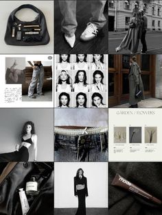 black and white collage with various images including woman's clothing, shoes, handbag