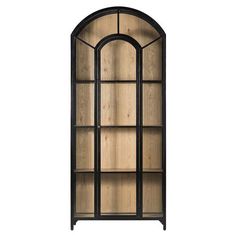 an arched bookcase with wooden shelves and metal trimmings on the sides,