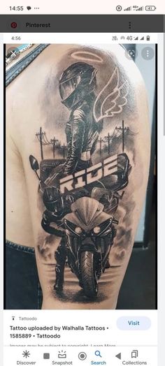 the back of a man's shoulder with an image of a motorcycle on it