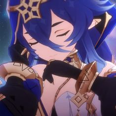 an anime character with blue hair wearing armor and holding her hands up to her chest