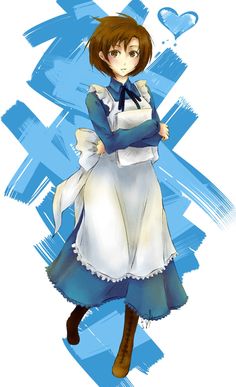 an anime character with brown hair and blue eyes, wearing a white dress and holding her arms crossed