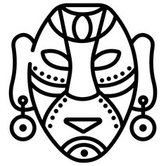 a black and white drawing of a mask with eyes, nose and headdress