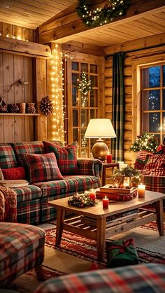 a living room decorated for christmas with plaid furniture and holiday lights on the windowsill