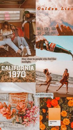 the collage has orange flowers and people on it, including an advertisement for california