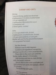 the recipe for shrimp and grits is displayed on a piece of paper with instructions