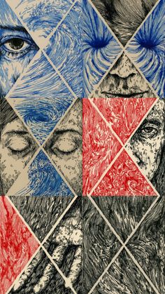 an artistic drawing of two people's faces with their eyes closed and red, white, and blue squares in the background