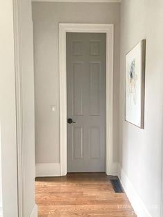 an empty hallway with white walls and wood floors, painted in pale colors on the far wall