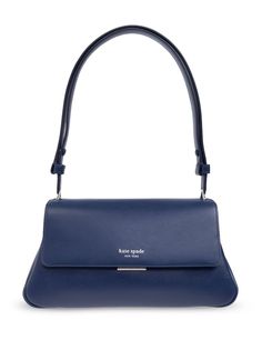 navy blue calf leather foldover top detachable shoulder strap main compartment logo print to the front Clothes Wishlist, Blue Purse, Blue Bags, Logo Print, Calf Leather, Kate Spade, Shoulder Strap, Navy Blue, Shoulder Bag