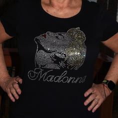 Custom Made To Order Madonna Rhinestone Bling Shirt. This Shirt Features A Large Design With 100 S Of Sparkling Vivid Red, Jet Black, Yellow/Gold And Diamond Clear Rhinestones On A Black Short Sleeved Round Neck Tshirt. Great Concert Shirt Or Just A Great Way To Celebrate The Material Girl. Shirts Used Are First Quality Retail Shirts That Run True To Size. They Do Not Fit Too Tightly And Run Large In Fit. If Between Sizes, I Recommend Ordering Down A Size. Exceptional 100 Percent Cotton Shirts W Black Rhinestone T-shirt For Party, Black T-shirt With Rhinestones For Party, Bling Shirt, Rhinestone Shirt, Bling Shirts, Rhinestone Shirts, Girl Shirts, Concert Shirts, Material Girl