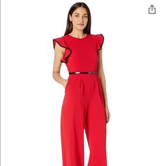 Beautiful Red Color Romper With Black Lined Ruffle Sleeves And Skinny Black Belt. I Bought For A Holiday Party Last Year And Never Went! Chic Calvin Klein Jumpsuits And Rompers For Summer, Calvin Klein Jumpsuits And Rompers For Workwear, Calvin Klein Summer Workwear Jumpsuits And Rompers, Elegant Red Jumpsuits And Rompers For Work, Calvin Klein Summer Jumpsuits And Rompers For Work, Calvin Klein Fitted Jumpsuits And Rompers For Work, Calvin Klein Fitted Workwear Jumpsuits And Rompers, Fitted Calvin Klein Jumpsuits And Rompers For Party, Spring Chic Calvin Klein Jumpsuits And Rompers