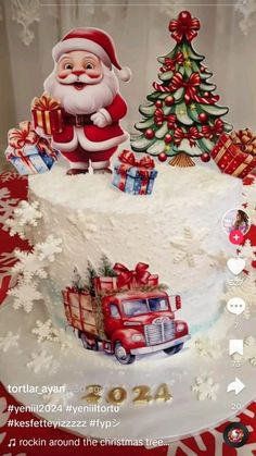 a christmas cake decorated with santa claus and presents