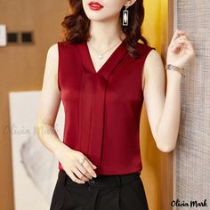 Olivia Mark - Satin Camisole Tank Top: Inner Layer Sleeveless Blouse for Outerwear Satin Camisole, Tank Top Camisole, Blouse Patterns, Sleeveless Blouse, Black Shorts, Types Of Collars, Types Of Sleeves, Long Sleeve Tops, Cherry