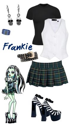 a girl wearing a skirt, shirt and shoes with the word frankie on it