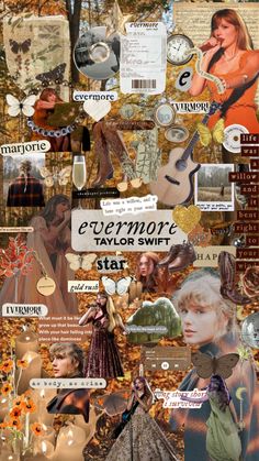 a collage with many different pictures and words on it's side, including an image of a woman holding a guitar