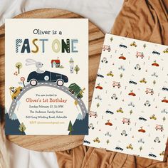 a birthday card with an image of a car driving on the road and another greeting card that says, oliver is a astoue