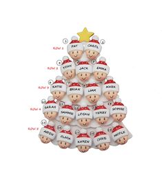 a christmas tree made out of ceramic figurines with names on the top and bottom