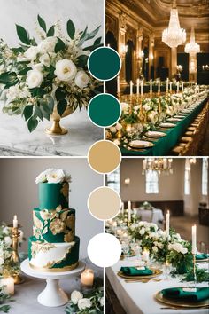 a collage of green and gold wedding decor with flowers, greenery and candles