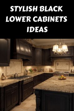 Stylish kitchen with black lower cabinets and granite countertops.