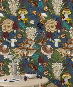 the wallpaper is very colorful and has many different types of mushrooms, flowers and leaves