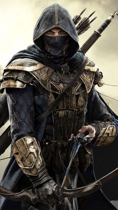 an image of a man dressed in armor and holding two arrows