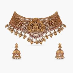 Mrinala Antique Nakshi Choker Set Antique Choker, Choker Designs, Beautiful Peacock, Goddess Lakshmi, Choker Set, Pearl Drop, Lotus Flower, Gold Plating, Antique Gold