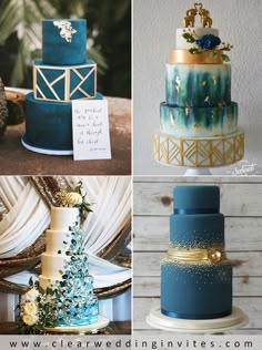 four different cakes decorated with blue and gold decorations