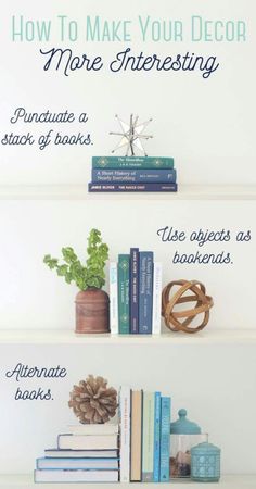 there are three shelves with books and plants on top of each shelf, along with the words more interesting