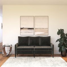 a living room with two paintings on the wall and a couch in front of it