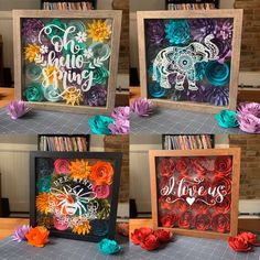 four different pictures of paper flowers and some type of artwork