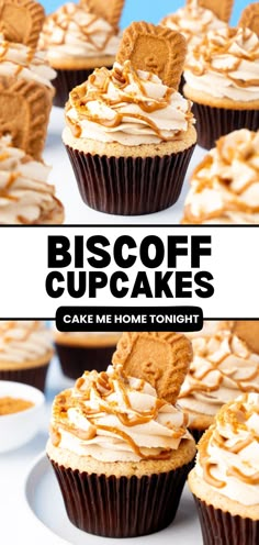 some cupcakes with frosting on top and the words biscoff cupcakes above them