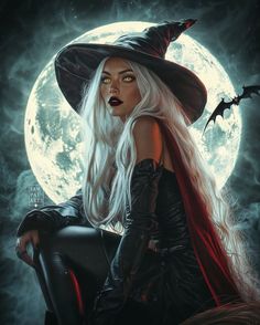 a woman with long white hair wearing a witches hat