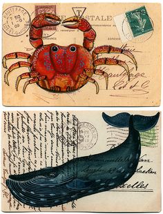 two pictures of crabs and a whale with stamps on them