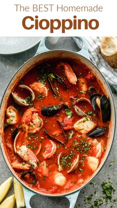 the best homemade cioppino recipe with clams and mussels in a red sauce