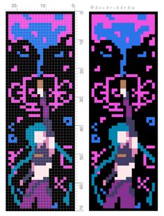 two pixel art pieces, one with an image of a woman and the other has blue hair