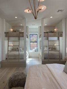 a bedroom with bunk beds and lights in the ceiling is lit by two lamps on either side of the bed