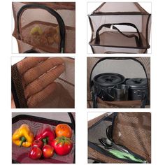 four pictures show different types of food in a mesh bag, including tomatoes, peppers, and broccoli