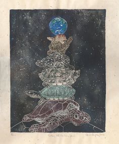 a drawing of a turtle balancing on top of another turtle, with the earth above its head