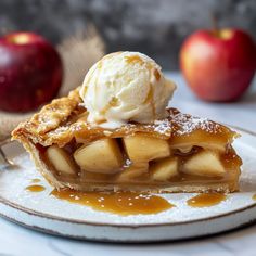 a slice of apple pie with ice cream on top