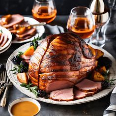 a ham on a platter with fruit and sauces around it, ready to be served