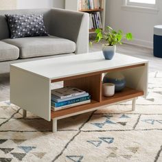 a living room with a couch, coffee table and bookshelf on the floor